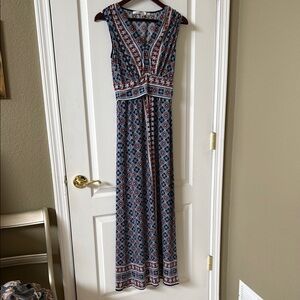 Max Studio Blue and Red Sleeveless V-Neck Sundress